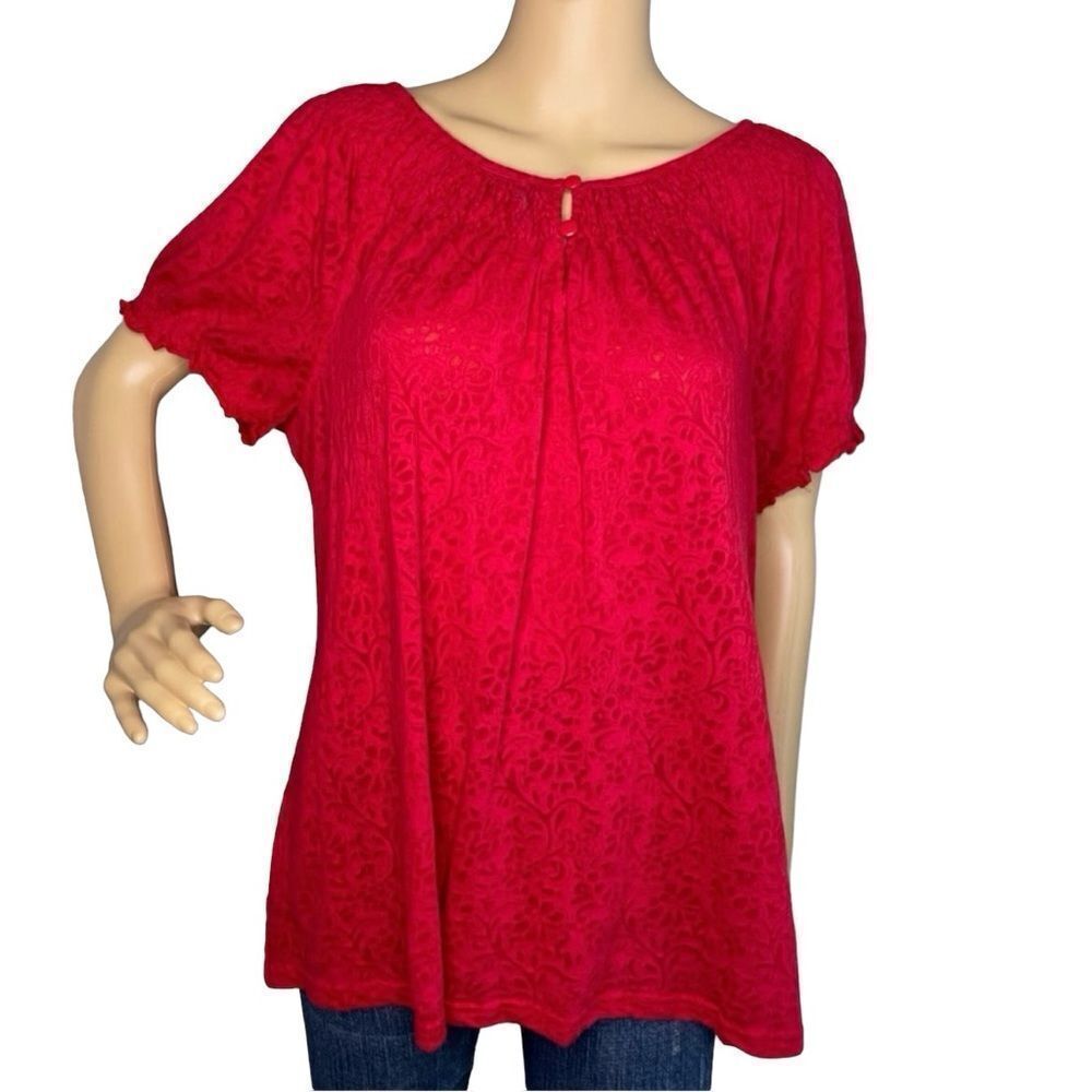 Kim Roger’s Short Sleeve Floral Print Top Blouse Red Size XL